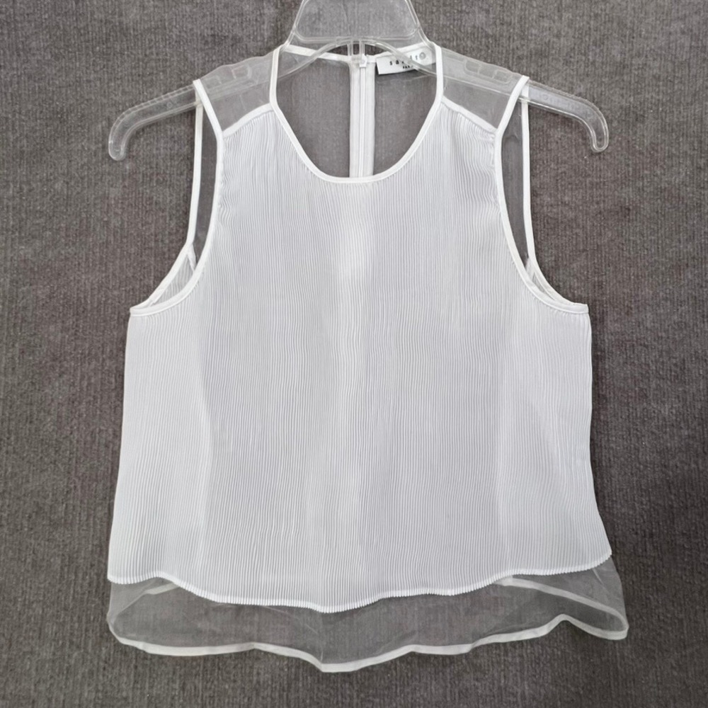 Sandro Paris White Small (Fr 36) Sleeveless Pleated Layered Sheer Tank Top